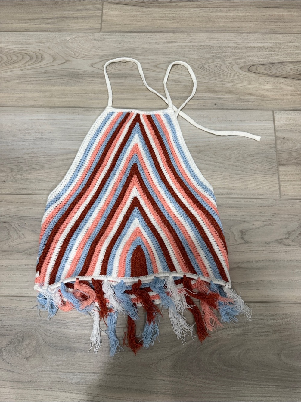 SHEIN Striped Crochet Tank in Coral, Light Blue & White